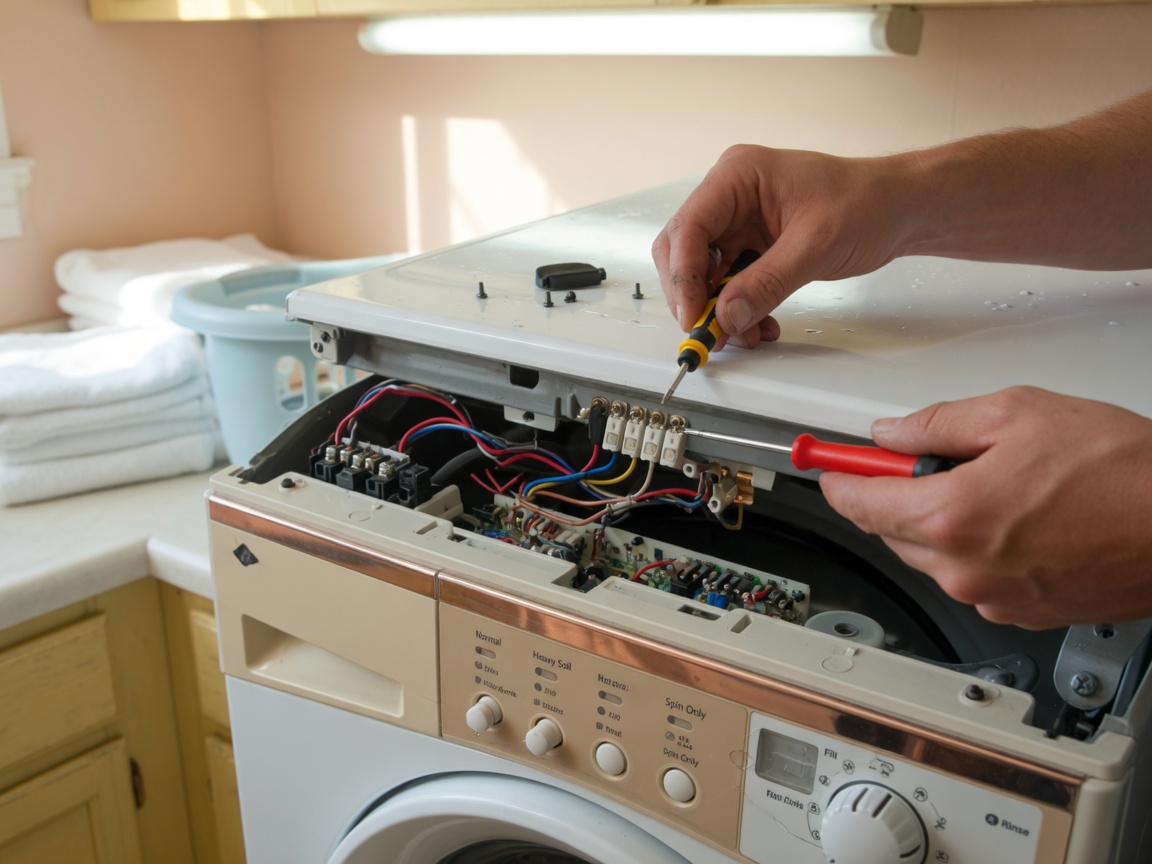 Technician diagnosing a washing machine control panel during a Minneapolis service visit
